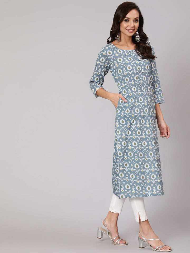 Grey Abstrak Printed Straight Kurta With Three Quarter Sleeves