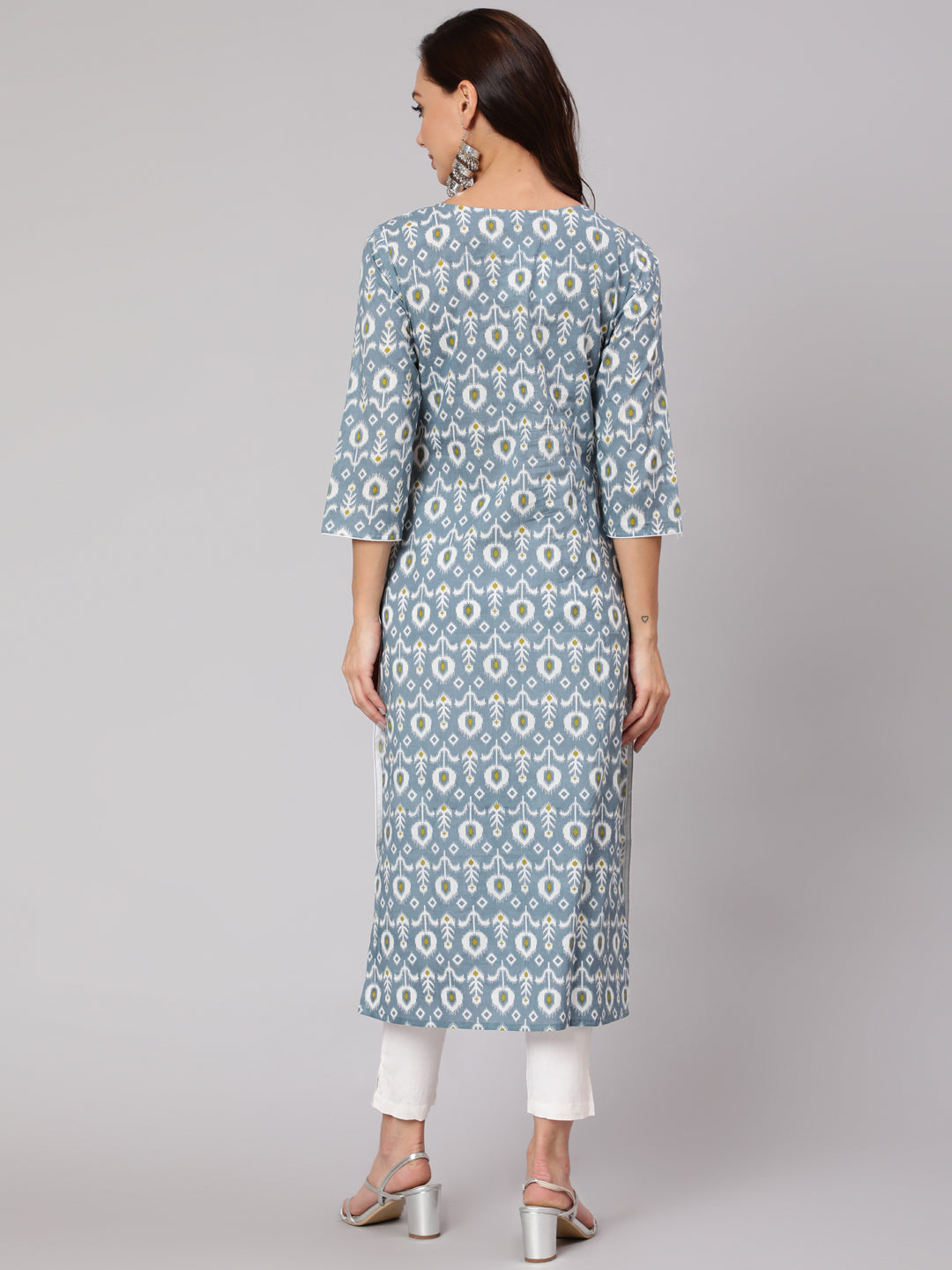 Grey Abstrak Printed Straight Kurta With Three Quarter Sleeves
