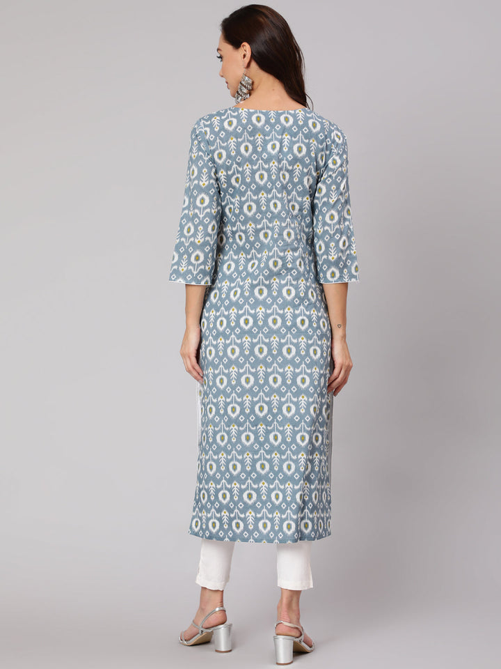 Grey Abstrak Printed Straight Kurta With Three Quarter Sleeves