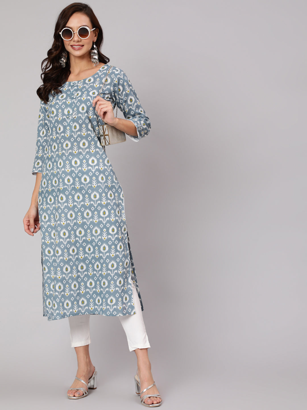 Grey Abstrak Printed Straight Kurta With Three Quarter Sleeves