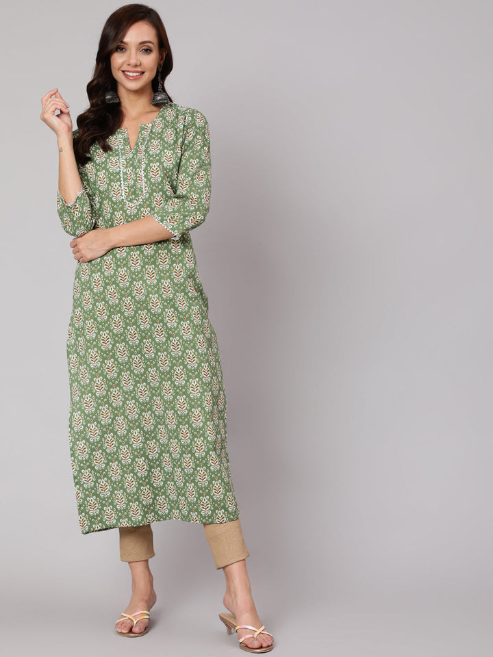 Green Ethnic Printed Straight Kurta With Three Quarter Sleeves