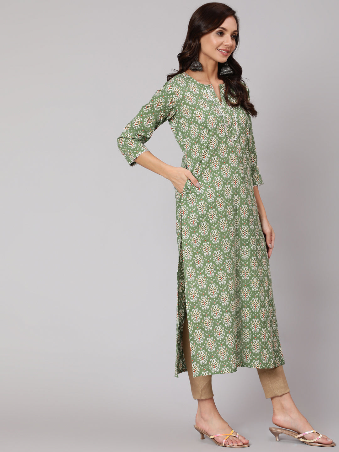 Green Ethnic Printed Straight Kurta With Three Quarter Sleeves