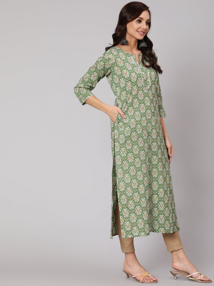 Green Ethnic Printed Straight Kurta With Three Quarter Sleeves