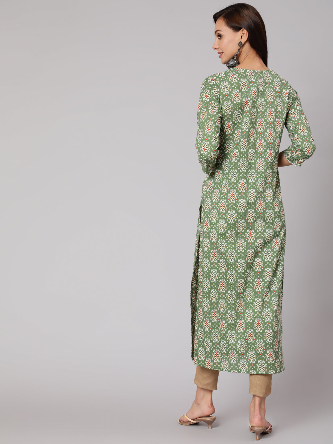 Green Ethnic Printed Straight Kurta With Three Quarter Sleeves