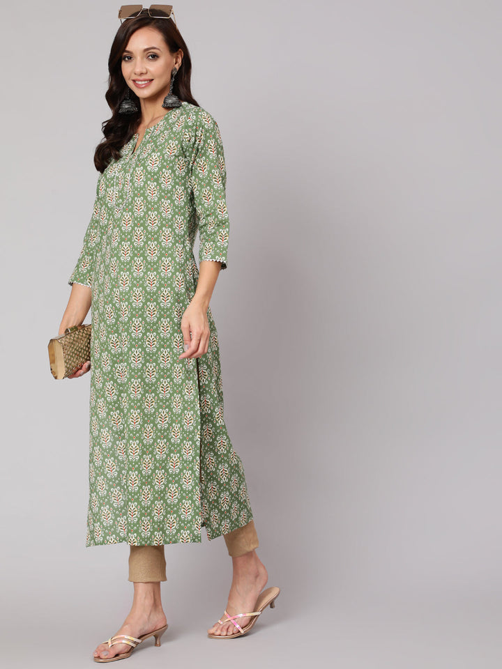 Green Ethnic Printed Straight Kurta With Three Quarter Sleeves