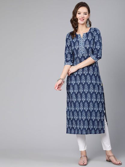 Blue Ethnic Printed Straight Kurta With Three Quarter Sleeves