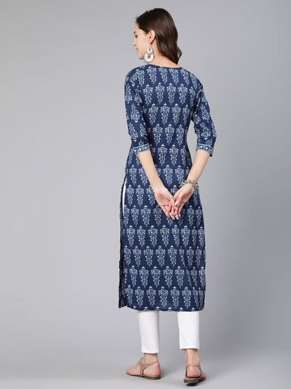 Blue Ethnic Printed Straight Kurta With Three Quarter Sleeves