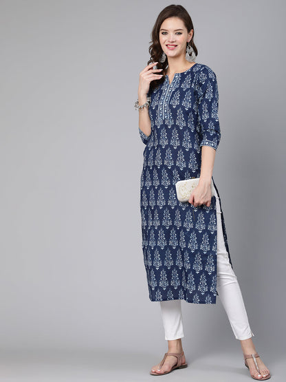 Blue Ethnic Printed Straight Kurta With Three Quarter Sleeves