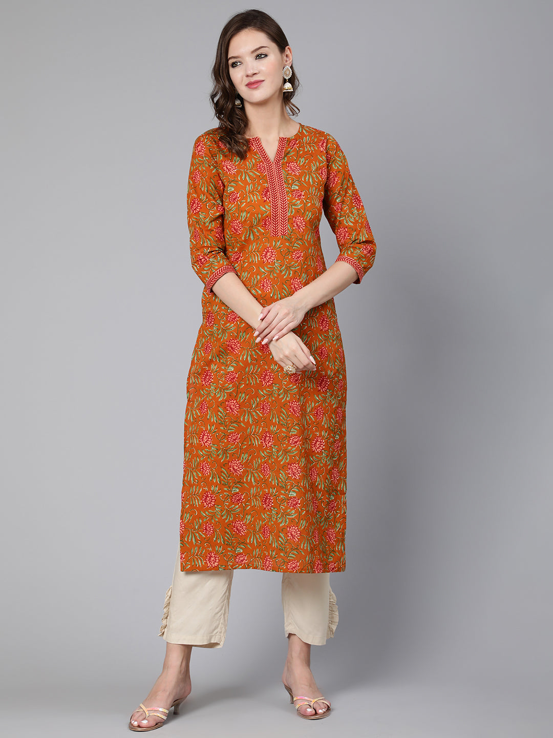 Mustard Floral Printed Straight Kurta With Three Quarter Sleeves