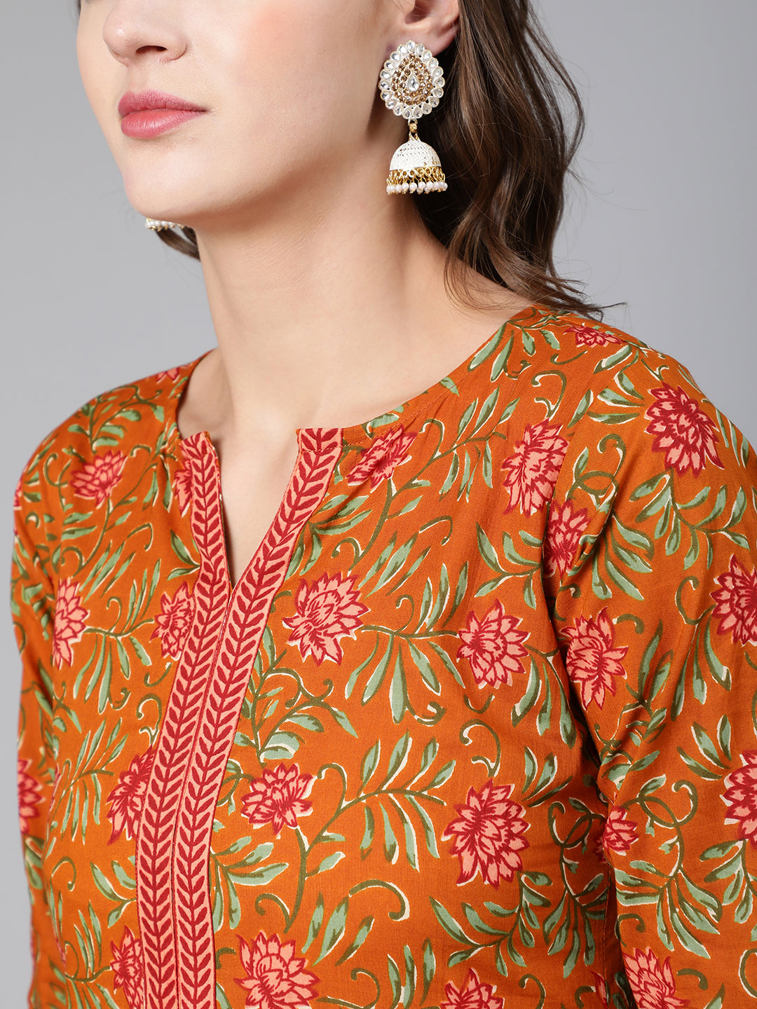 Mustard Floral Printed Straight Kurta With Three Quarter Sleeves