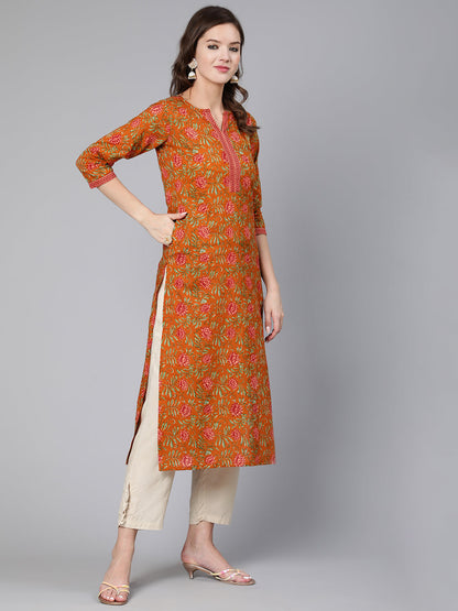 Mustard Floral Printed Straight Kurta With Three Quarter Sleeves