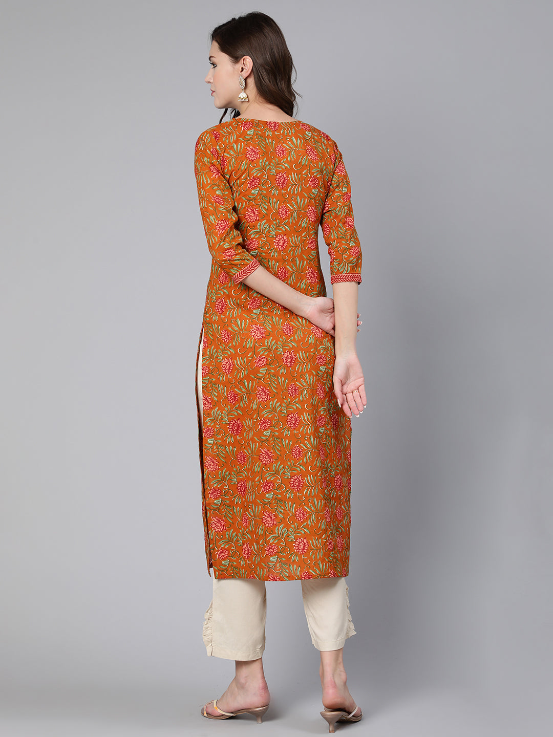 Mustard Floral Printed Straight Kurta With Three Quarter Sleeves