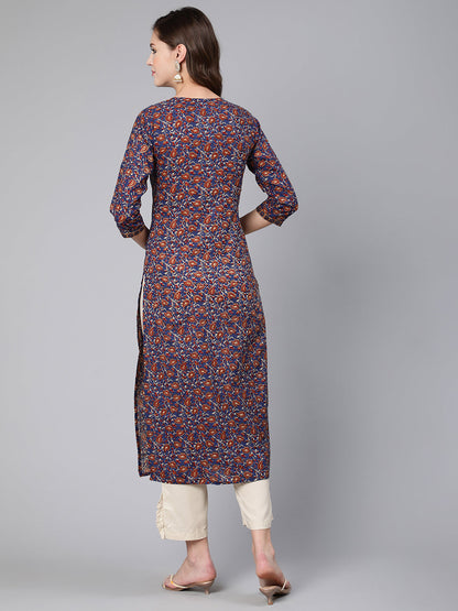 Blue & Beige Floral Printe Straight Kurta With Three Quarter Sleeves