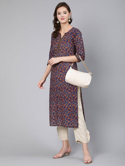 Blue & Beige Floral Printe Straight Kurta With Three Quarter Sleeves