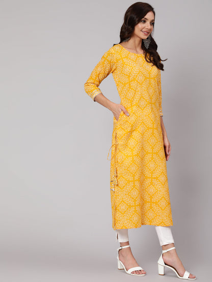 Yellow Bandhani Printed Straight Kurta With Three Quarter Sleeves