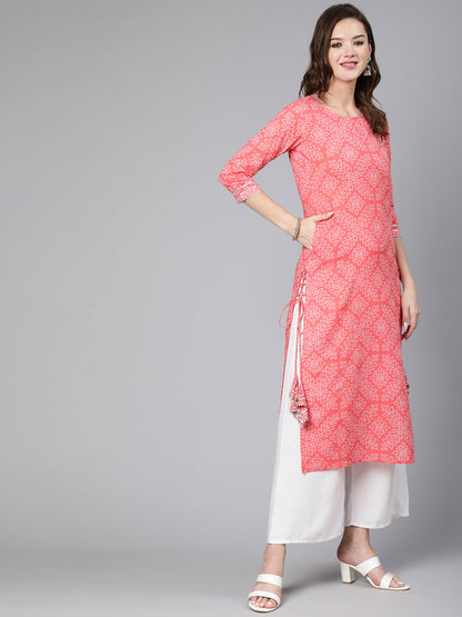 Pink Bandhani Printed Straight Kurta With Three Quarter Sleeves