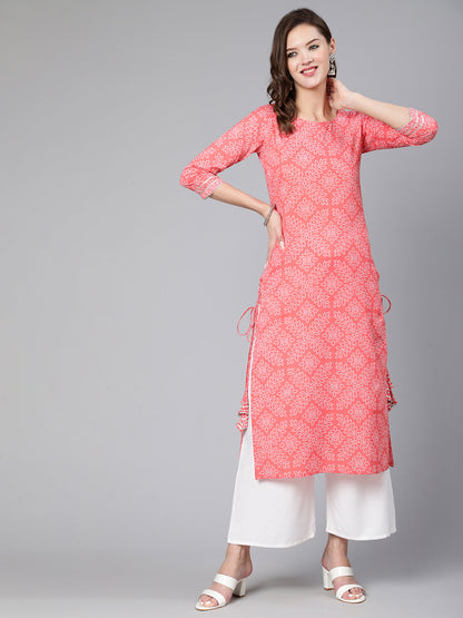 Pink Bandhani Printed Straight Kurta With Three Quarter Sleeves