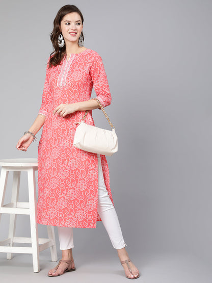Pink Bandhani Printed Straight Kurta With Three Quarter Sleeves