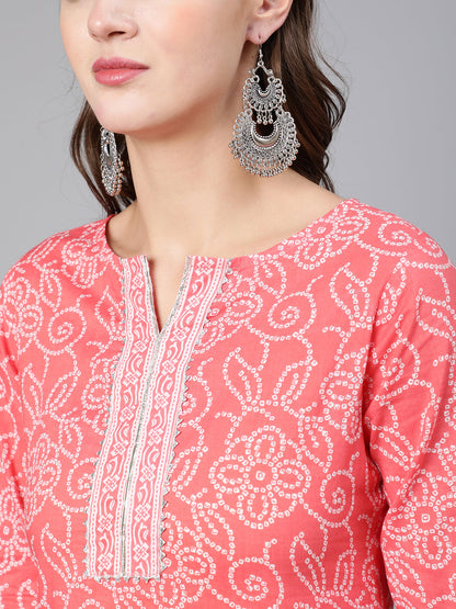 Pink Bandhani Printed Straight Kurta With Three Quarter Sleeves