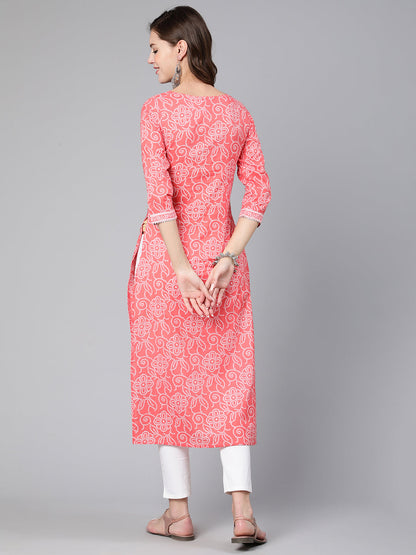 Pink Bandhani Printed Straight Kurta With Three Quarter Sleeves
