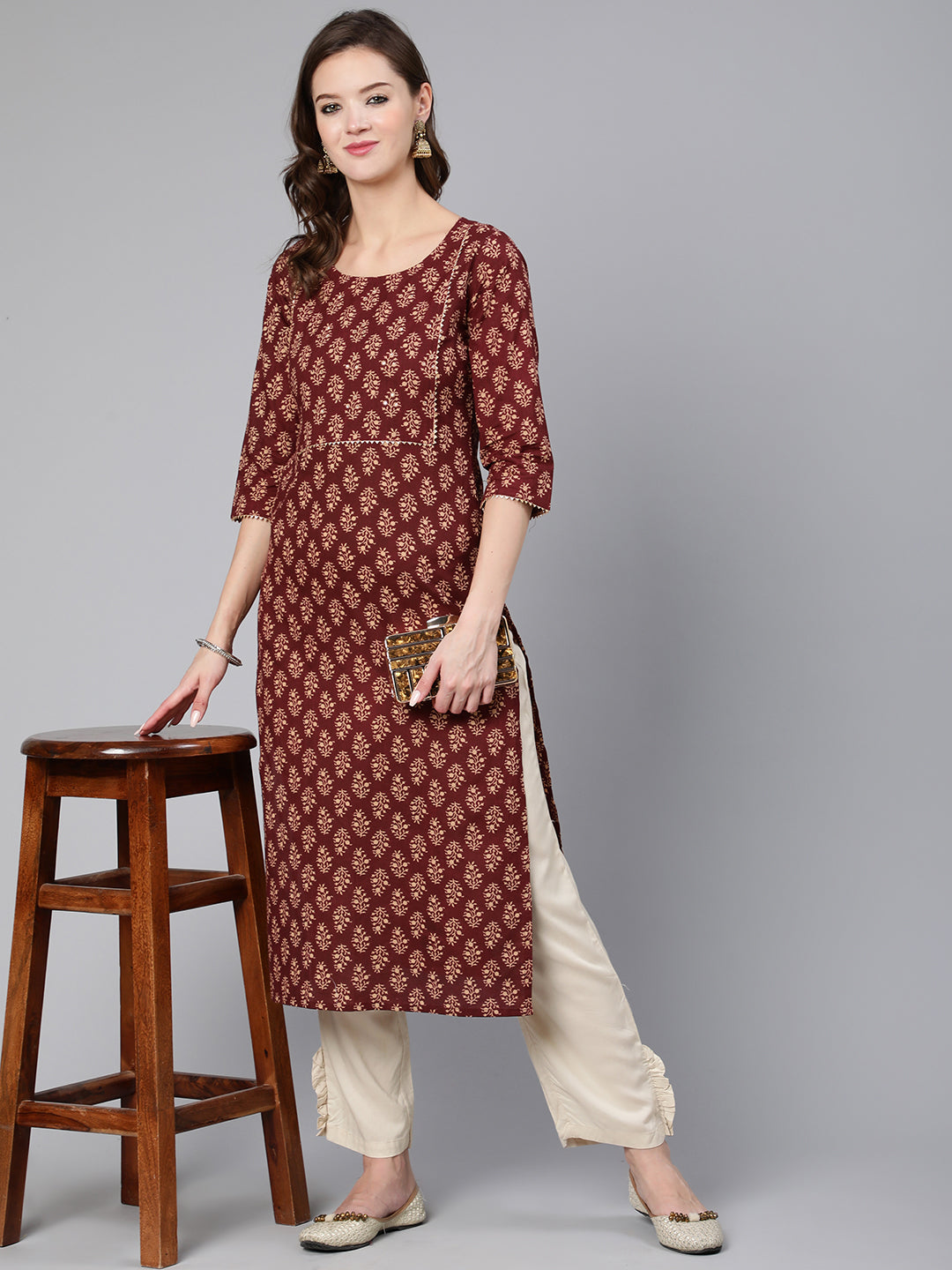 Maroon Ethnic Printe Straight Kurta With Three Quarter Sleeves