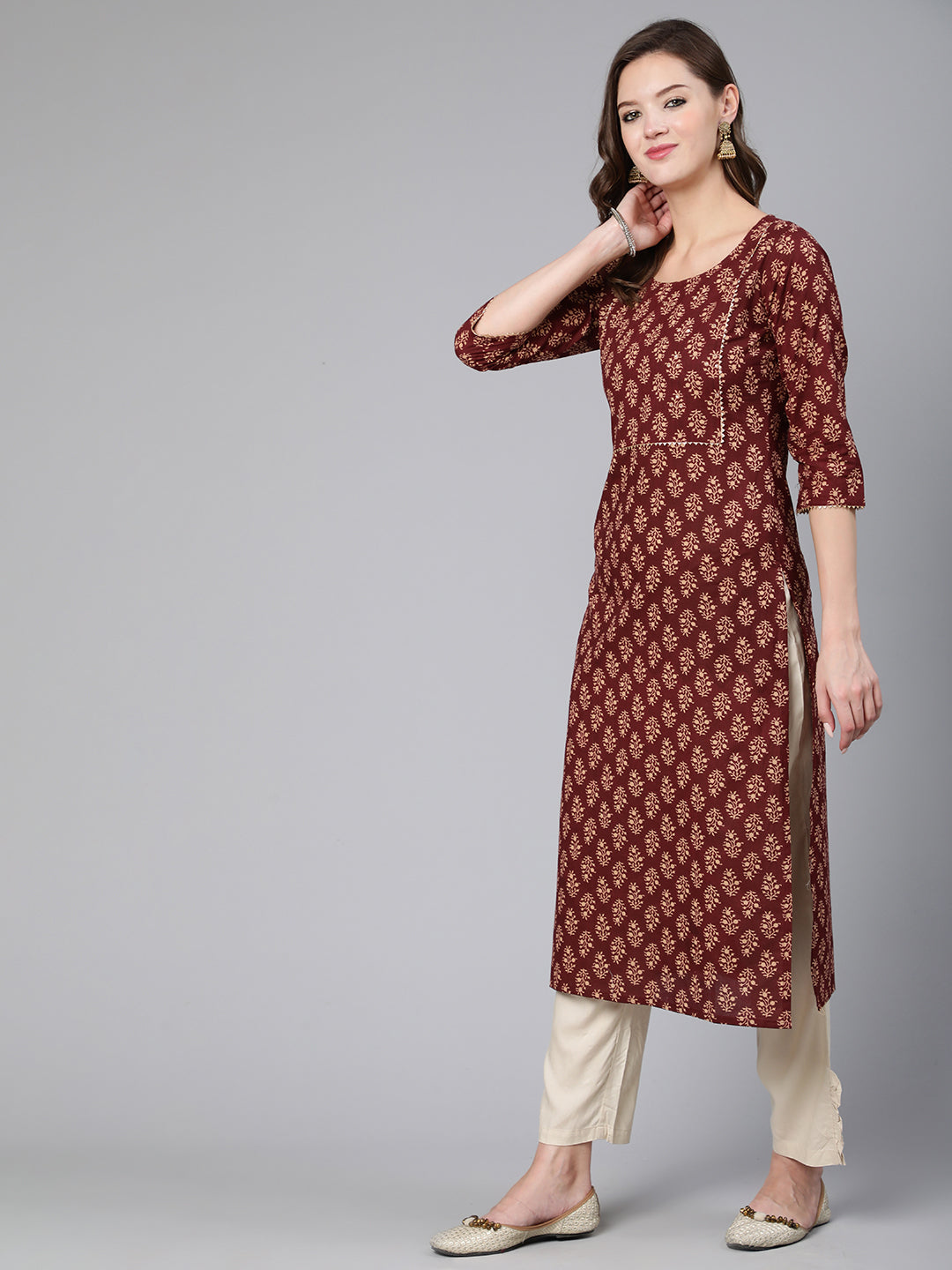 Maroon Ethnic Printe Straight Kurta With Three Quarter Sleeves