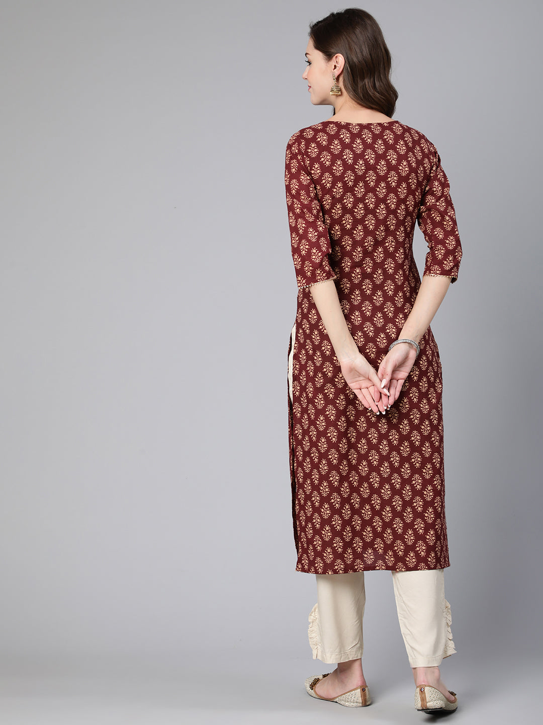 Maroon Ethnic Printe Straight Kurta With Three Quarter Sleeves