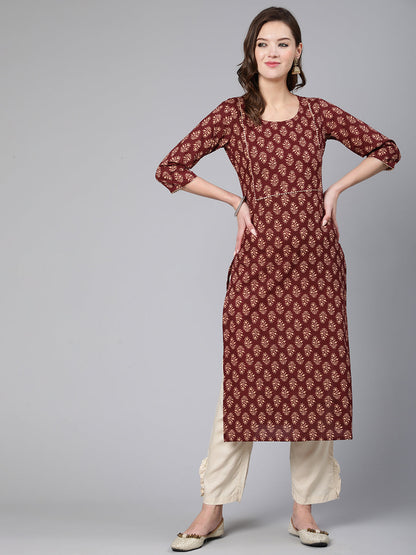 Maroon Ethnic Printe Straight Kurta With Three Quarter Sleeves