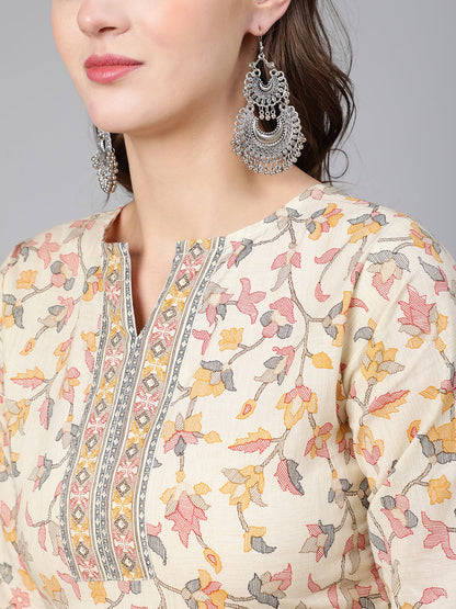 Cream Floral Printed Staight Kurta With Three Quarter Sleeves