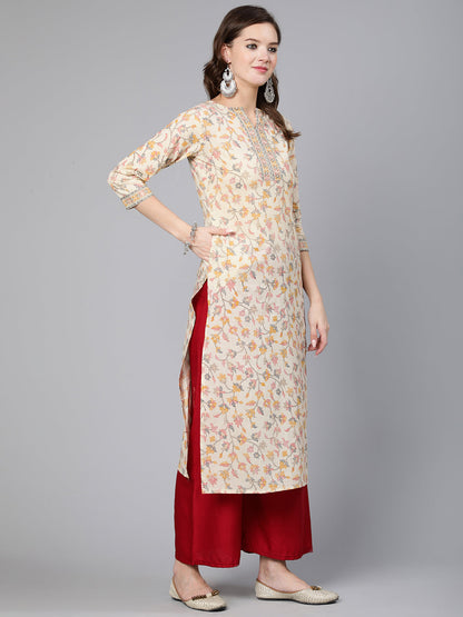 Cream Floral Printed Staight Kurta With Three Quarter Sleeves