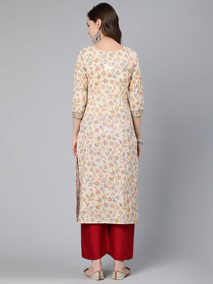 Cream Floral Printed Staight Kurta With Three Quarter Sleeves