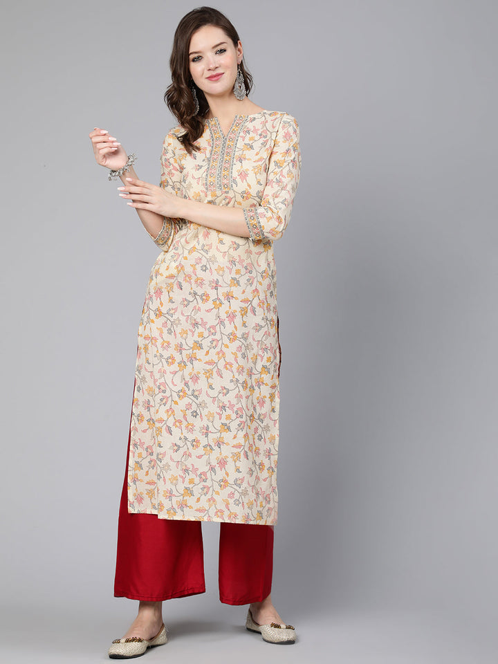 Cream Floral Printed Staight Kurta With Three Quarter Sleeves