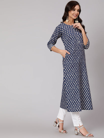Blue Ethnic Printed Straight Kurta With Three Quarter Sleeves