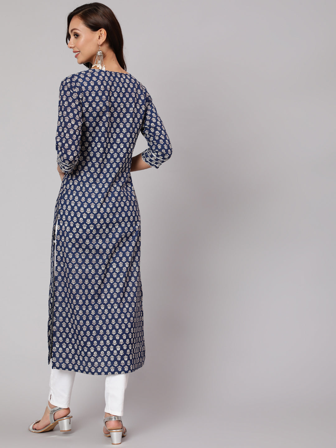 Blue Ethnic Printed Straight Kurta With Three Quarter Sleeves