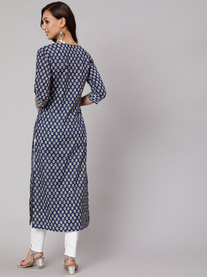 Blue Ethnic Printed Straight Kurta With Three Quarter Sleeves