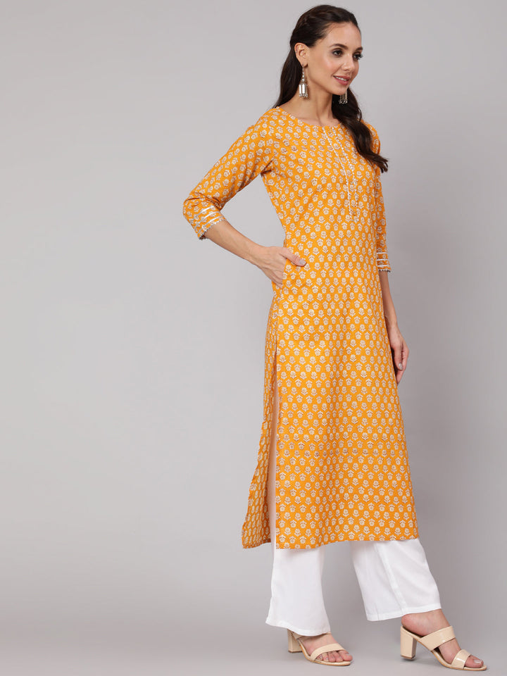Mustard Ethnic Printed Straight Kurta With Three Quarter Sleeves