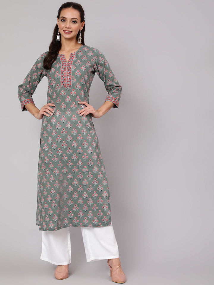 Grey Floral Printed Straight Kurta With Three Quarter Sleeves