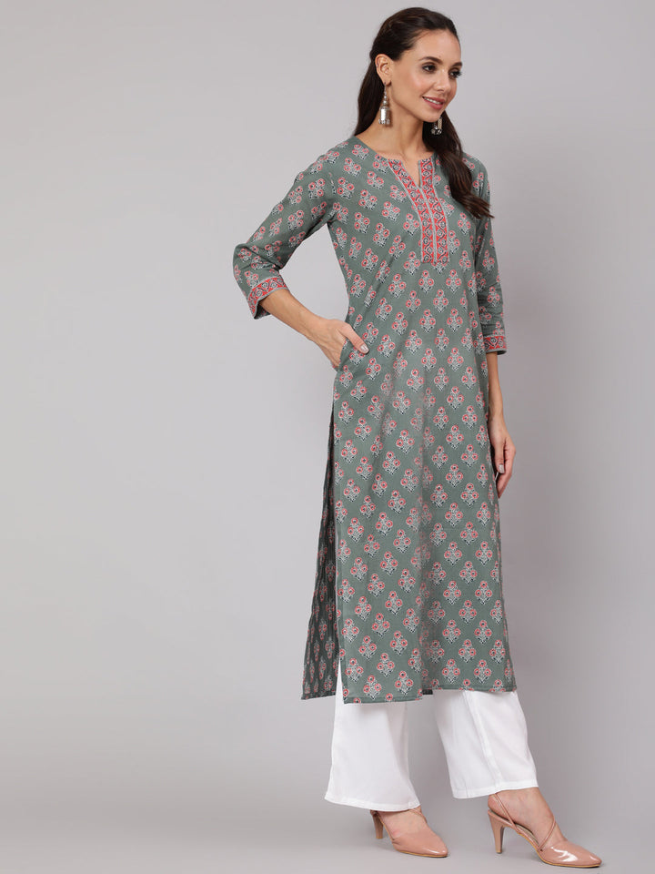 Grey Floral Printed Straight Kurta With Three Quarter Sleeves