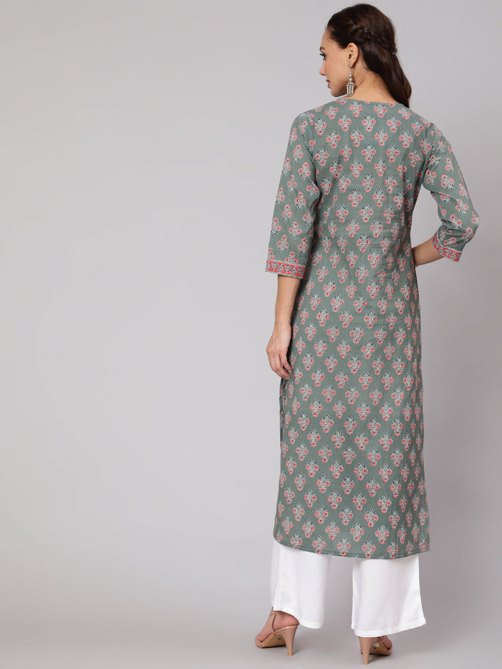 Grey Floral Printed Straight Kurta With Three Quarter Sleeves