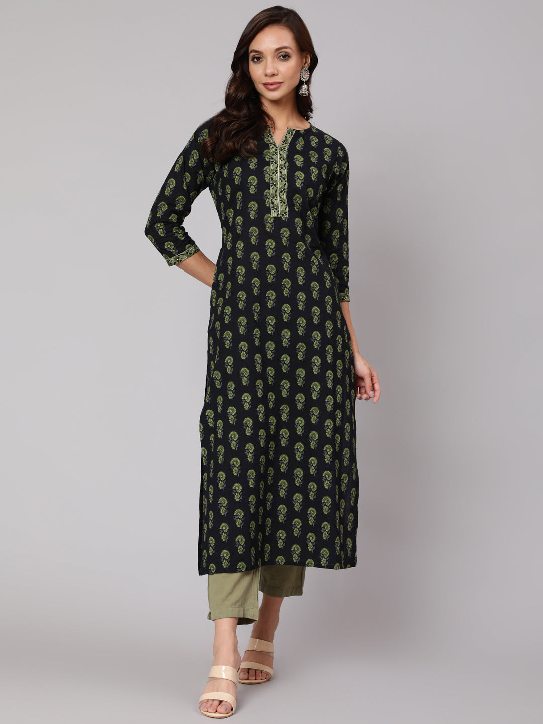 Blue Ethnic Printed Straight Kurta With Three Quarter Sleeves