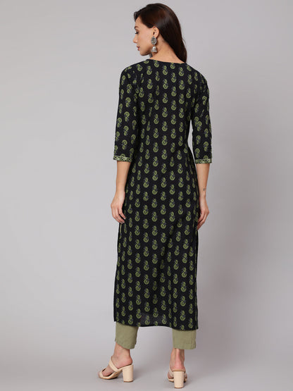 Blue Ethnic Printed Straight Kurta With Three Quarter Sleeves