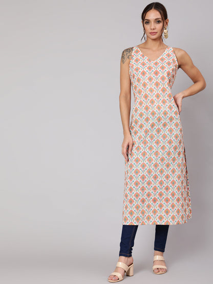 Multi Geometric Printed Straight Sleeveless Kurta With V-Neck