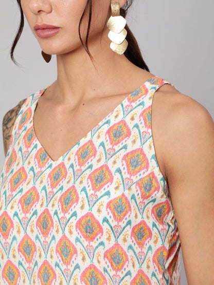 Multi Geometric Printed Straight Sleeveless Kurta With V-Neck