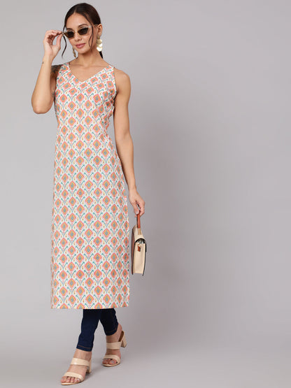 Multi Geometric Printed Straight Sleeveless Kurta With V-Neck