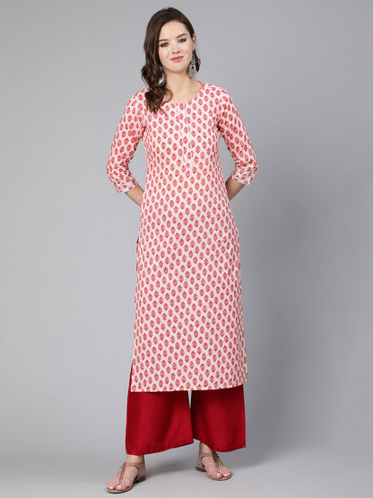 Pink Ethnic Printed Straight Kurta With Three Quarter Sleeves
