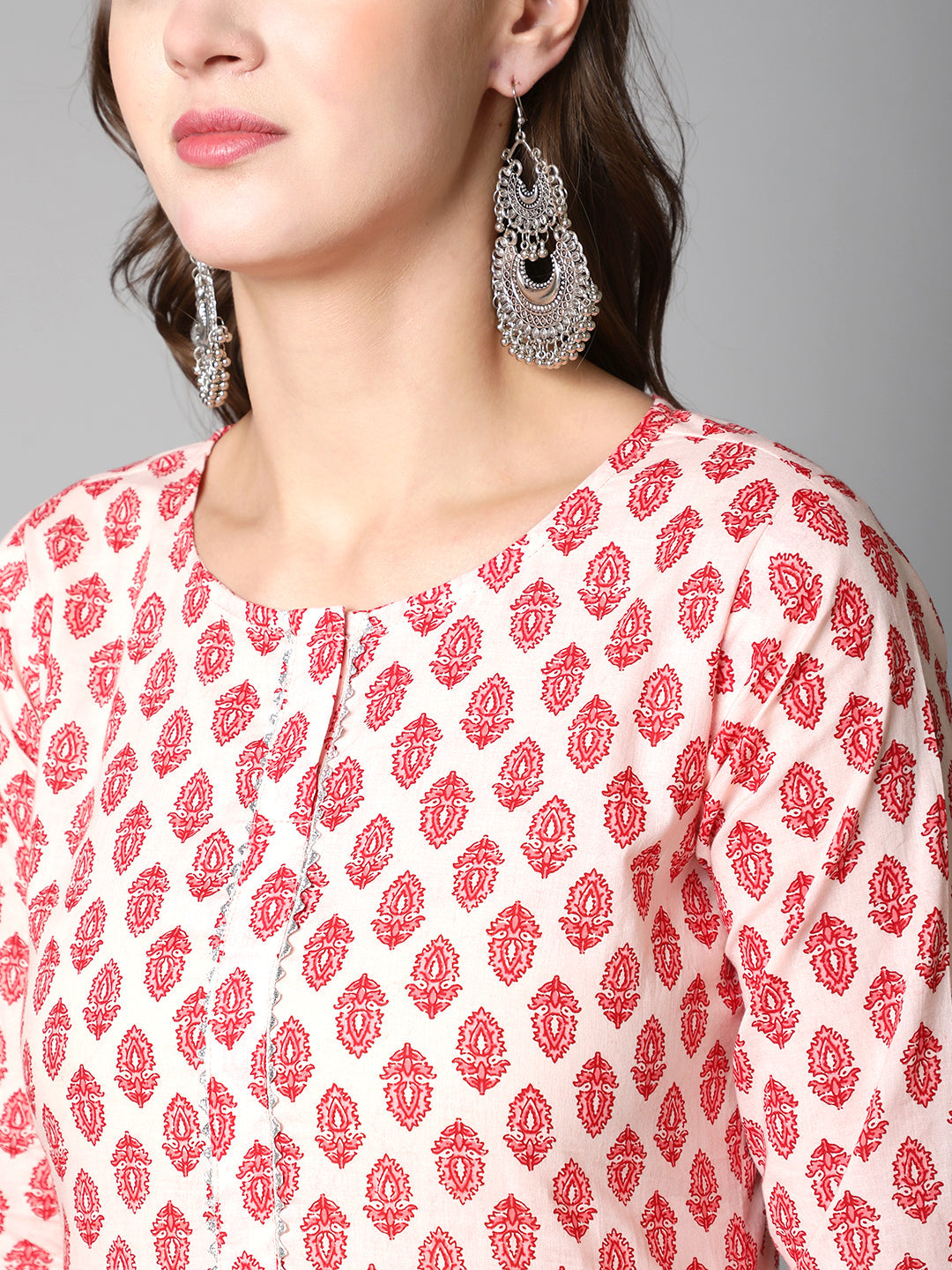 Pink Ethnic Printed Straight Kurta With Three Quarter Sleeves