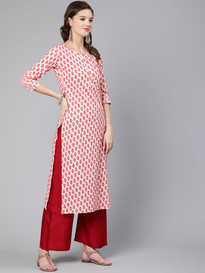 Pink Ethnic Printed Straight Kurta With Three Quarter Sleeves