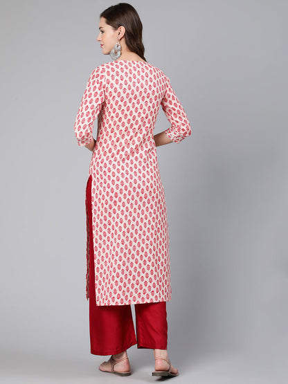Pink Ethnic Printed Straight Kurta With Three Quarter Sleeves