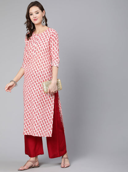 Pink Ethnic Printed Straight Kurta With Three Quarter Sleeves