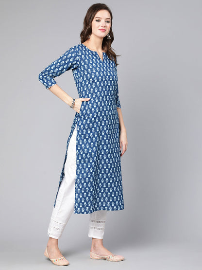 Blue Ethnic Printed Straight Kurta With Three Quarter Sleeves
